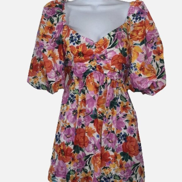 Altar'd State Bright Floral Dress M Puffy Sleeve Back Cut Out Cyndella Pink - Picture 1 of 9